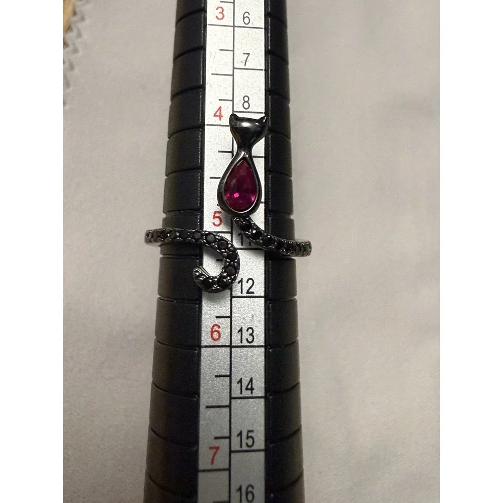 FRAGRANT JEWELS Black Cat Ring Size 5 Midnight Furry Friends Ruby Black Rhodium